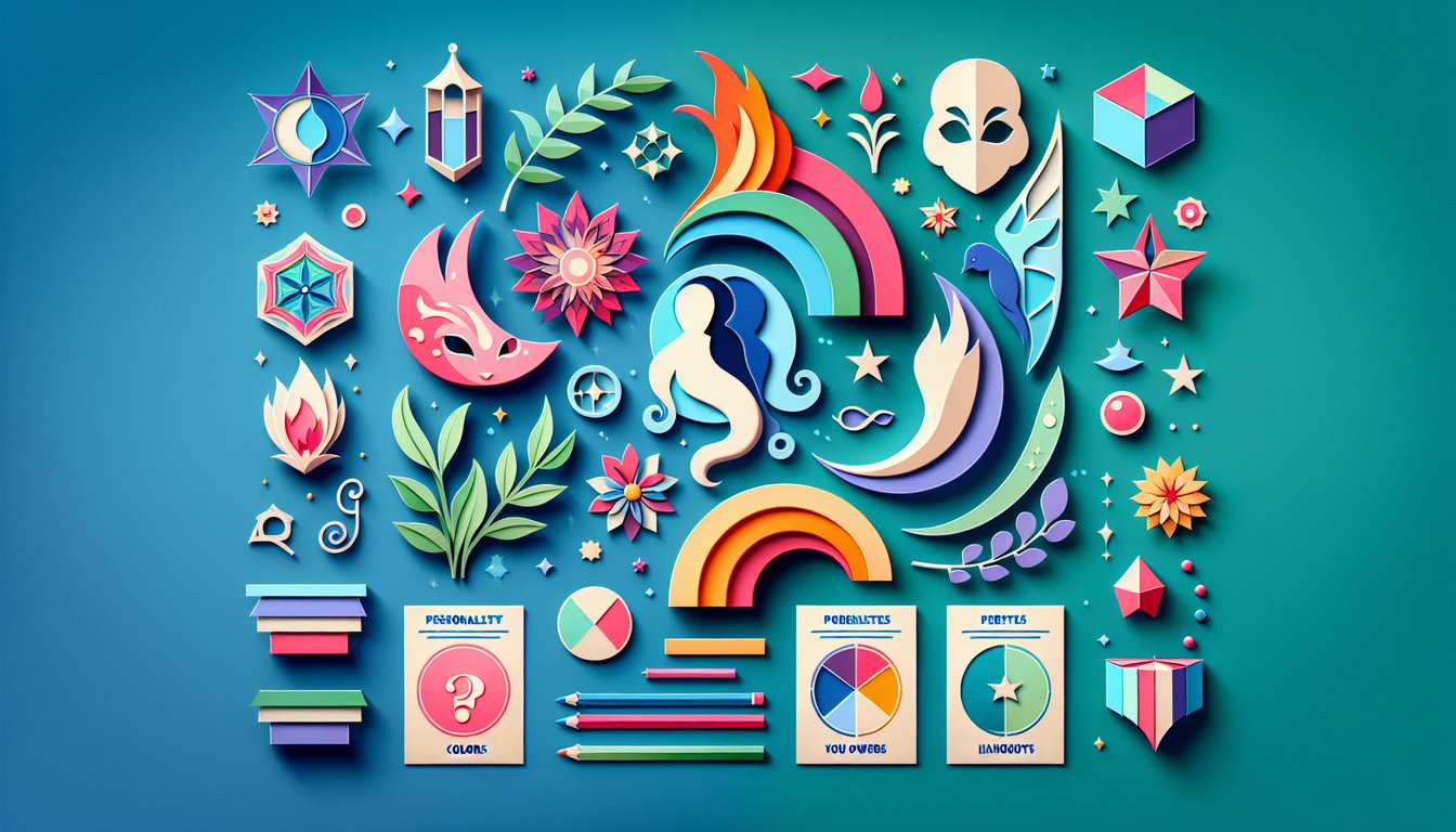 Paper art collage of crystals, potions, color swatches, spell symbols and animal silhouettes on teal background