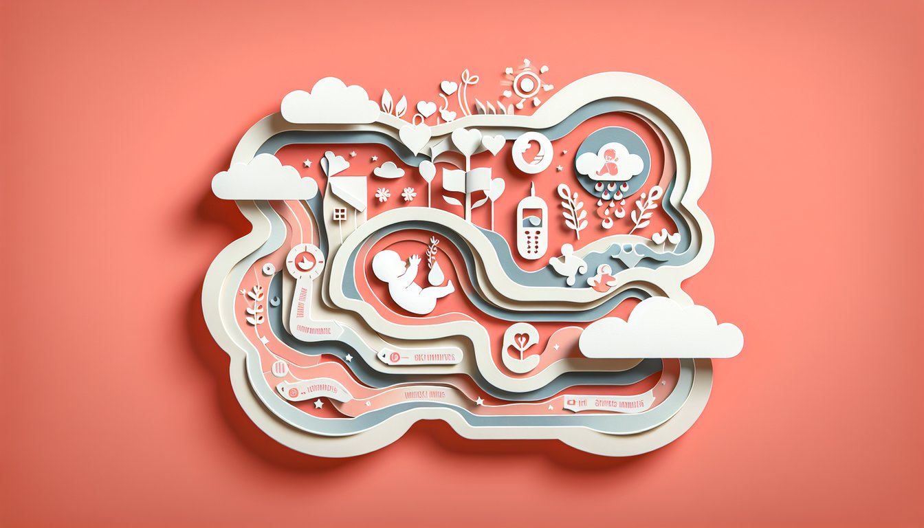 Paper art baby face with question marks and milestone icons on coral background promoting free infant care and colic quiz