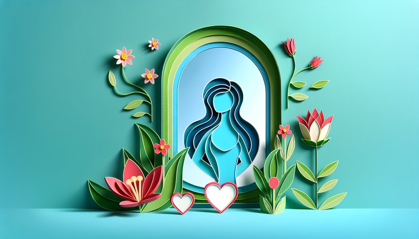 Paper art illustration for Am I Beautiful Quiz on teal background promoting self-love and confidence