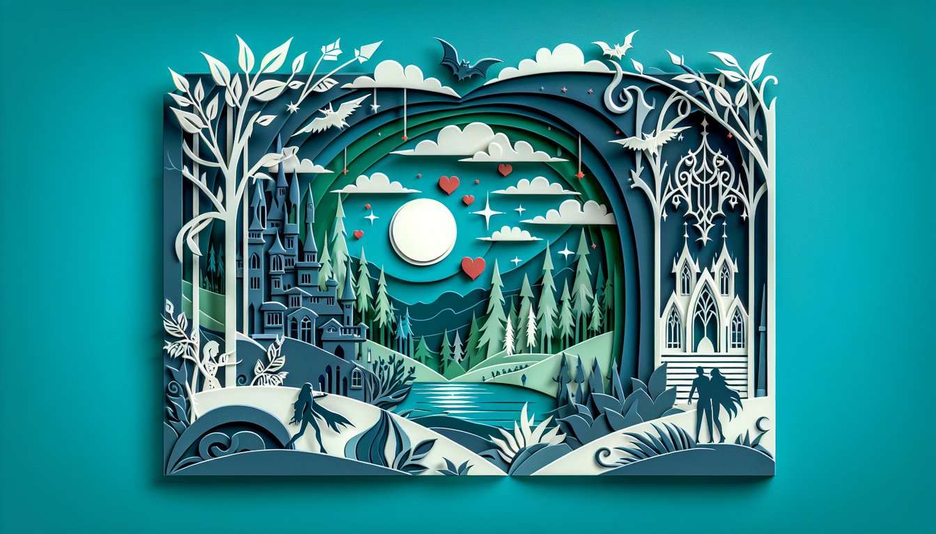 Paper art of Twilight quiz featuring vampire characters forest scene moon and quiz invite on teal background