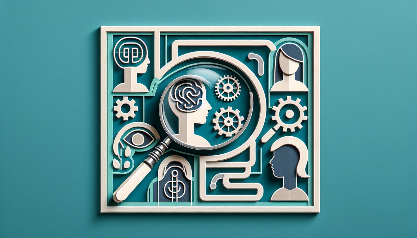 Paper art illustration showing gender symbols and question marks for a free personality quiz on a teal background.