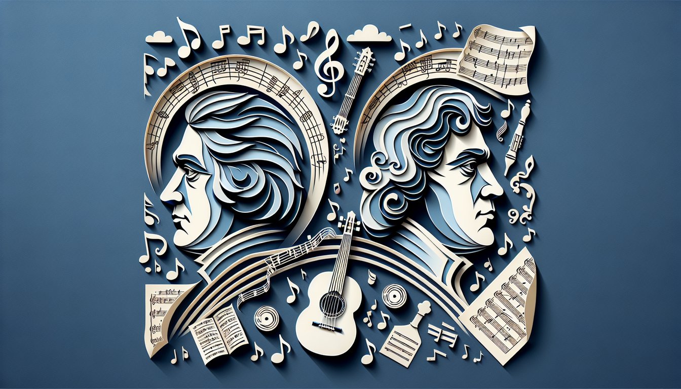 Paper art collage of busts of Beethoven, Mozart, Bach, Schubert on sheet music over sky blue background