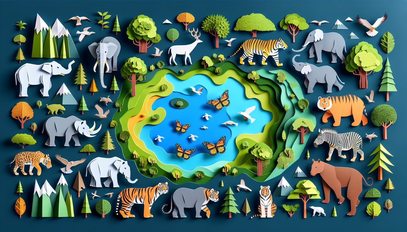 Colorful paper art depicting various wildlife species for a conservation knowledge quiz