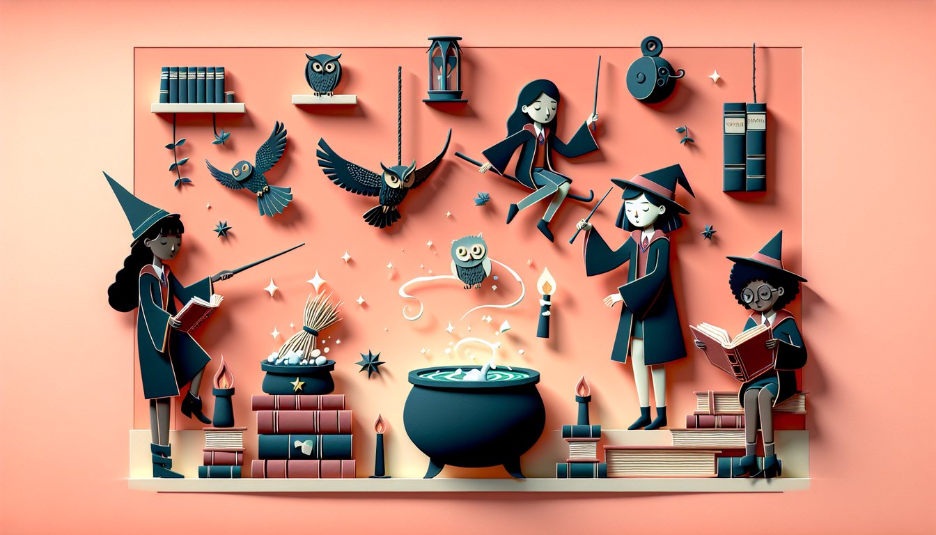 Paper art illustration for Hogwarts-style quiz revealing your female Harry Potter character on coral background.
