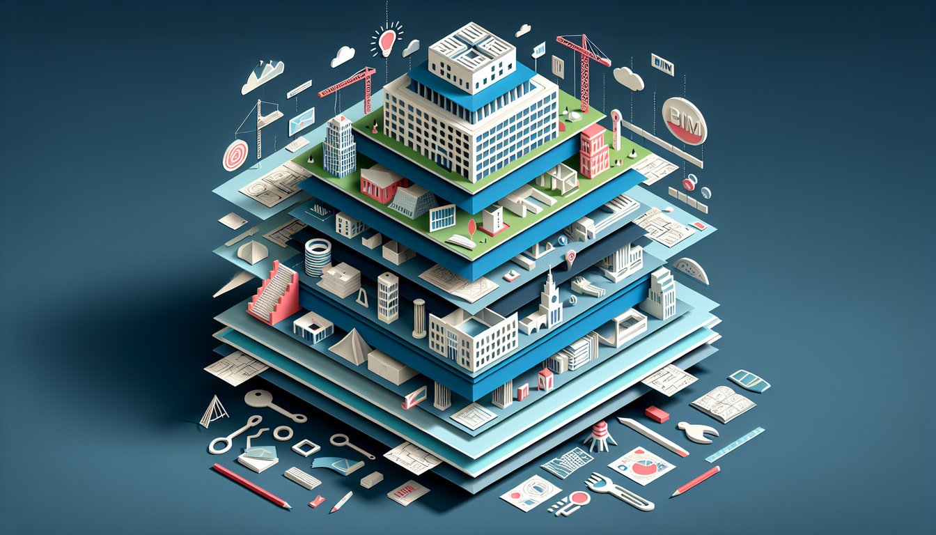 Paper art illustration promoting a free online BIM knowledge quiz on a dark blue background.