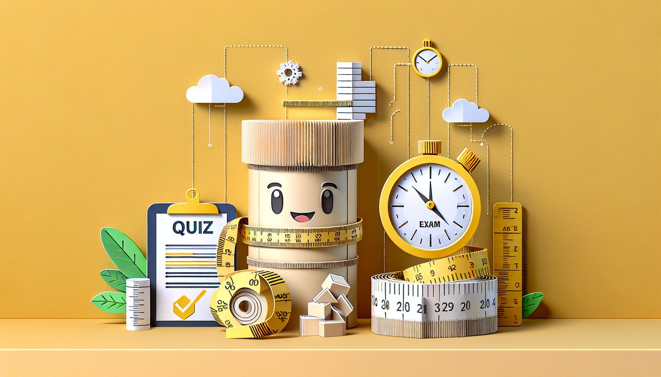 Paper art illustration of measurement exam tools including ruler timer clipboard and data chart on golden yellow background