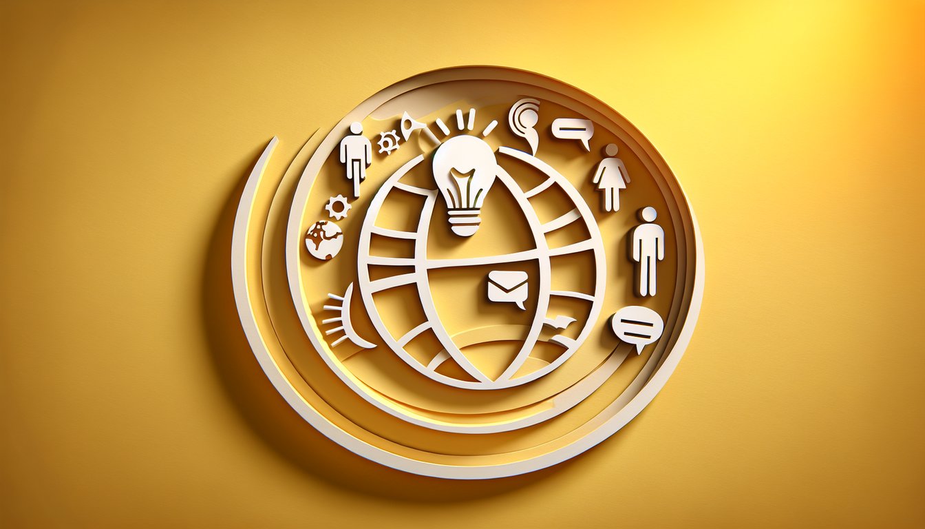 Paper art style illustration with speech bubbles language symbols, flags and quiz icons on a golden yellow background