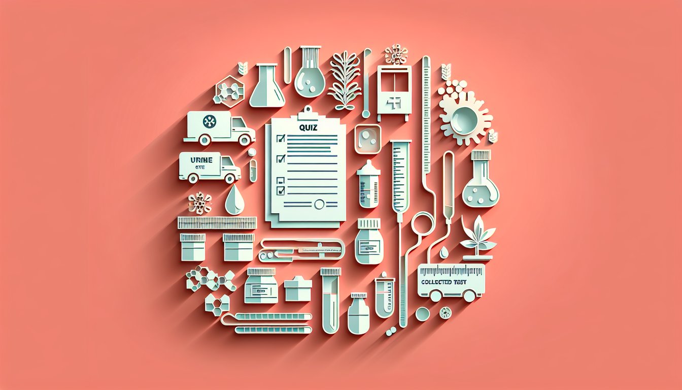 Paper art illustration of a DOT urine collection cup checklist and quiz icons on coral background