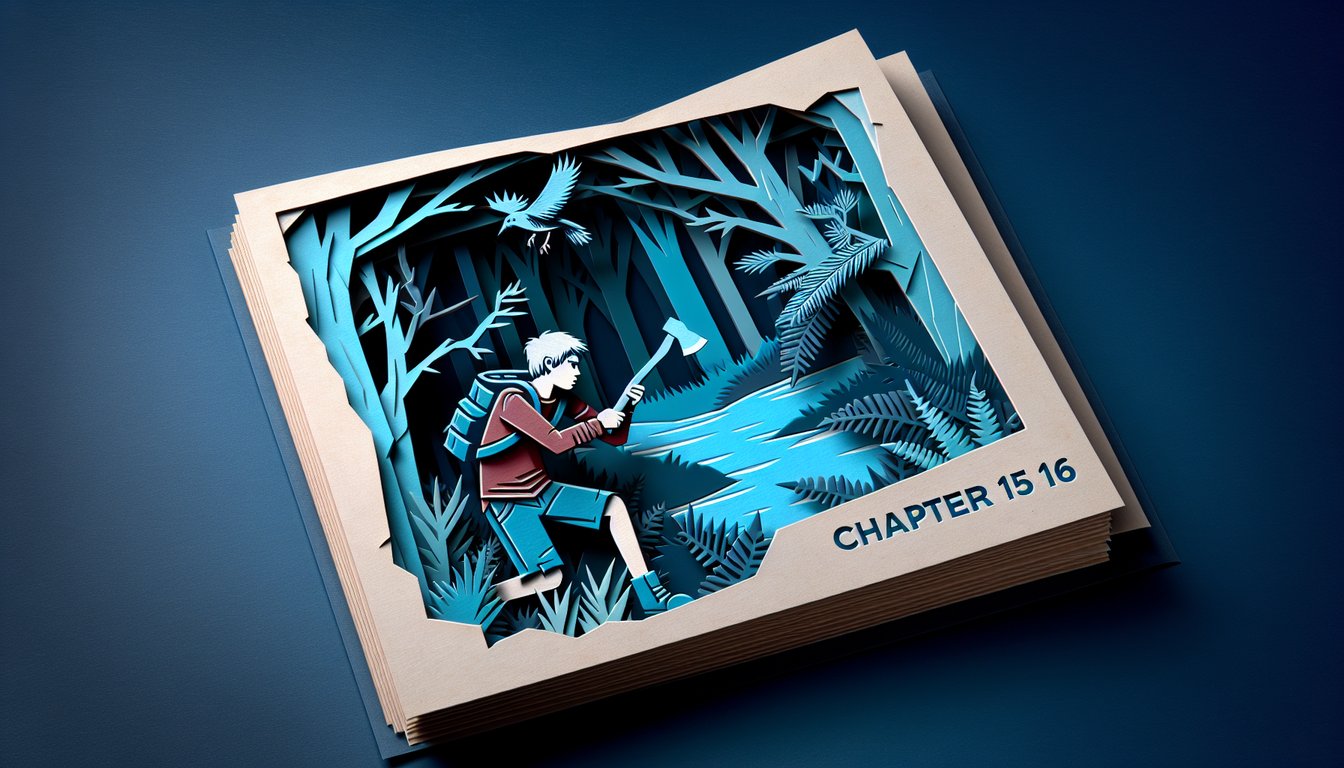 Paper art quiz title Test your Hatchet Chapter 15 and 16 diving into foolbirds, survival strategies on dark blue background
