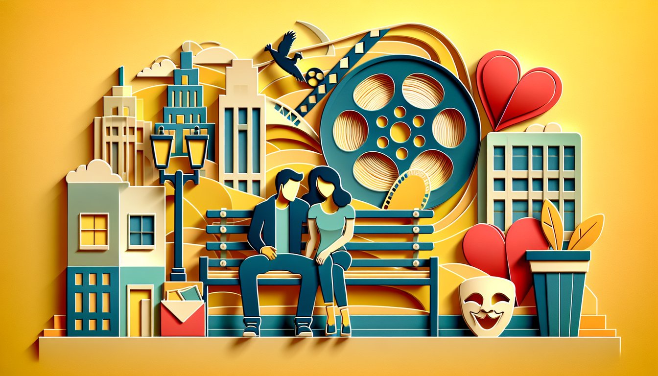 Paper art illustration with 90s rom com icons film reel popcorn heart on golden yellow background for personality quiz