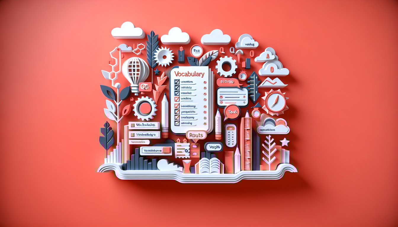 Paper art illustration depicting open book and word bubbles on coral background promoting Level D Unit 11 vocabulary quiz