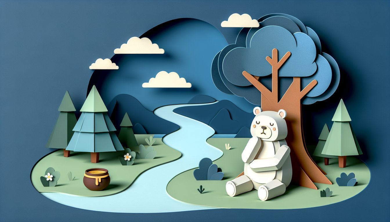 Paper art of Winnie the Pooh characters on dark blue background for quiz matching your quirks to Pooh