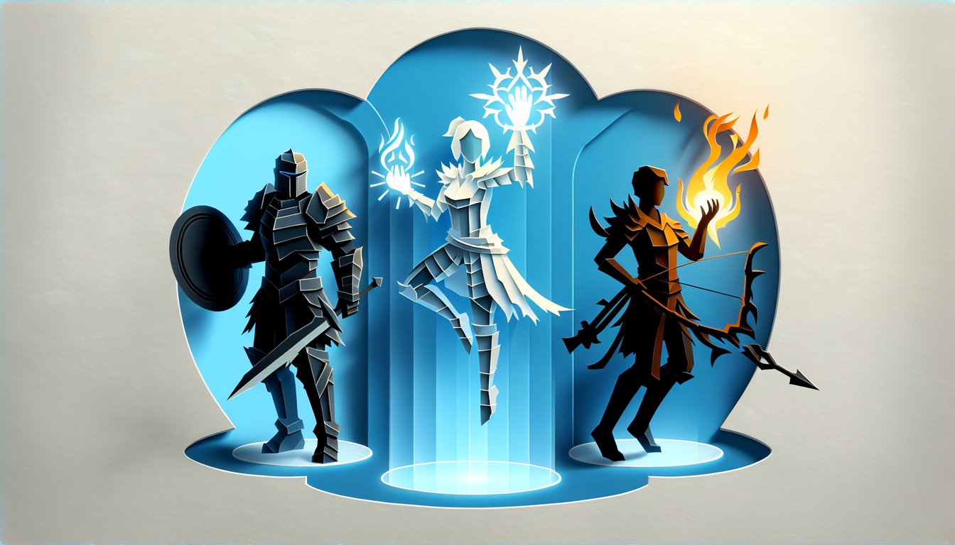 Paper art illustration for MMO class personality quiz on a sky blue background
