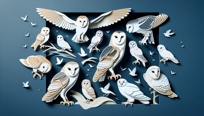 Paper art illustration for owl species quiz featuring Barn and Snowy Owls on dark blue background