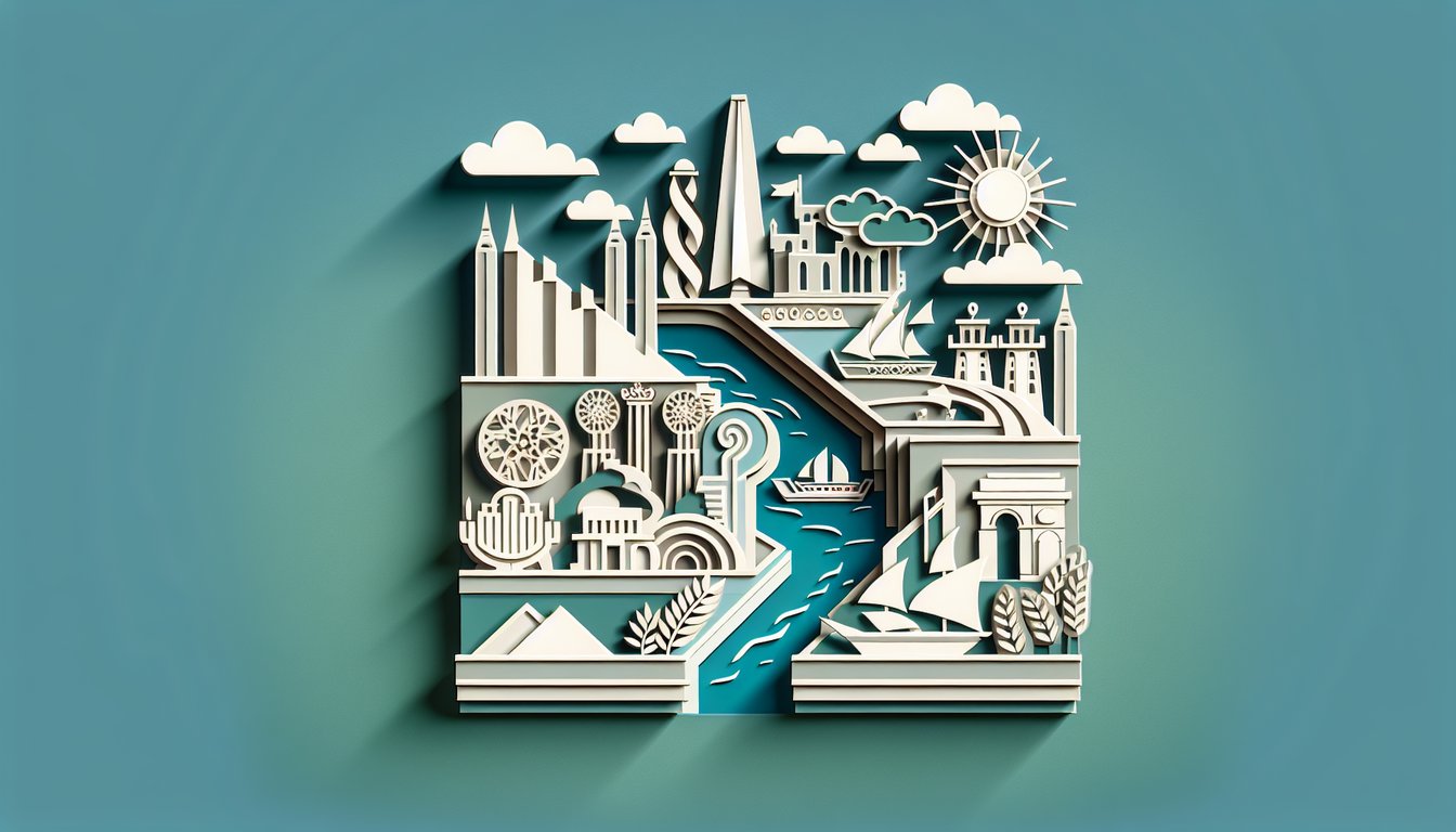 Paper art colonial era map with Africa partition lines Suez Canal compass quiz text on teal background