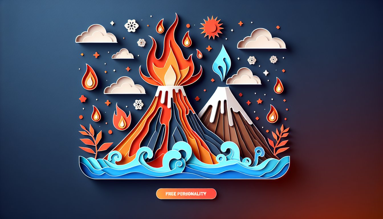 Paper art illustration of a fiery red erupting stratovolcano and a cool blue shield volcano on dark blue background.