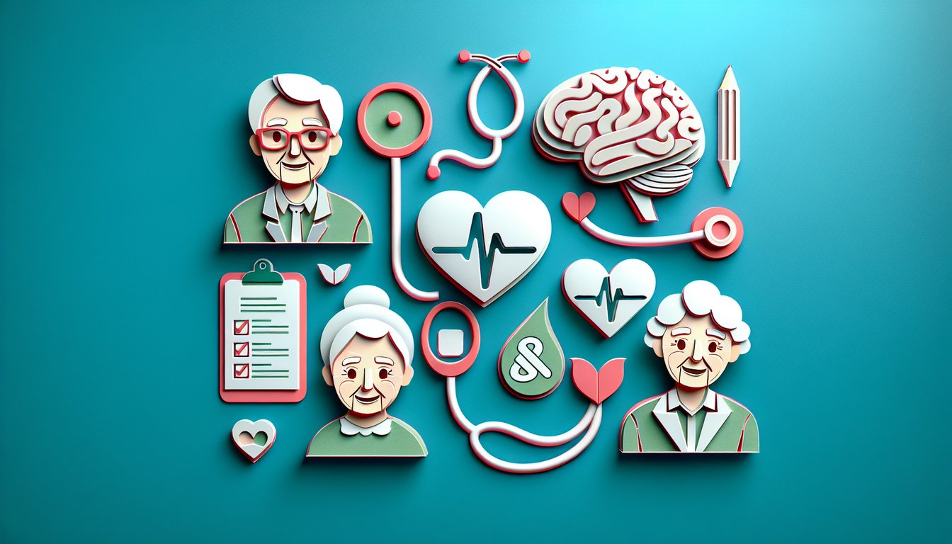 Paper art icons of stethoscope, pill bottle, medical symbols and text for geriatric medical terms quiz on teal background