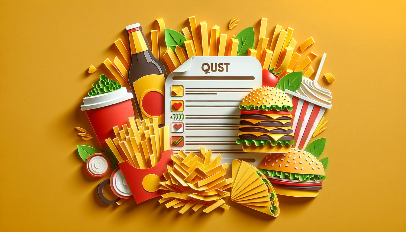 Paper art style fries, burger, taco on golden yellow background for a fast food personality quiz