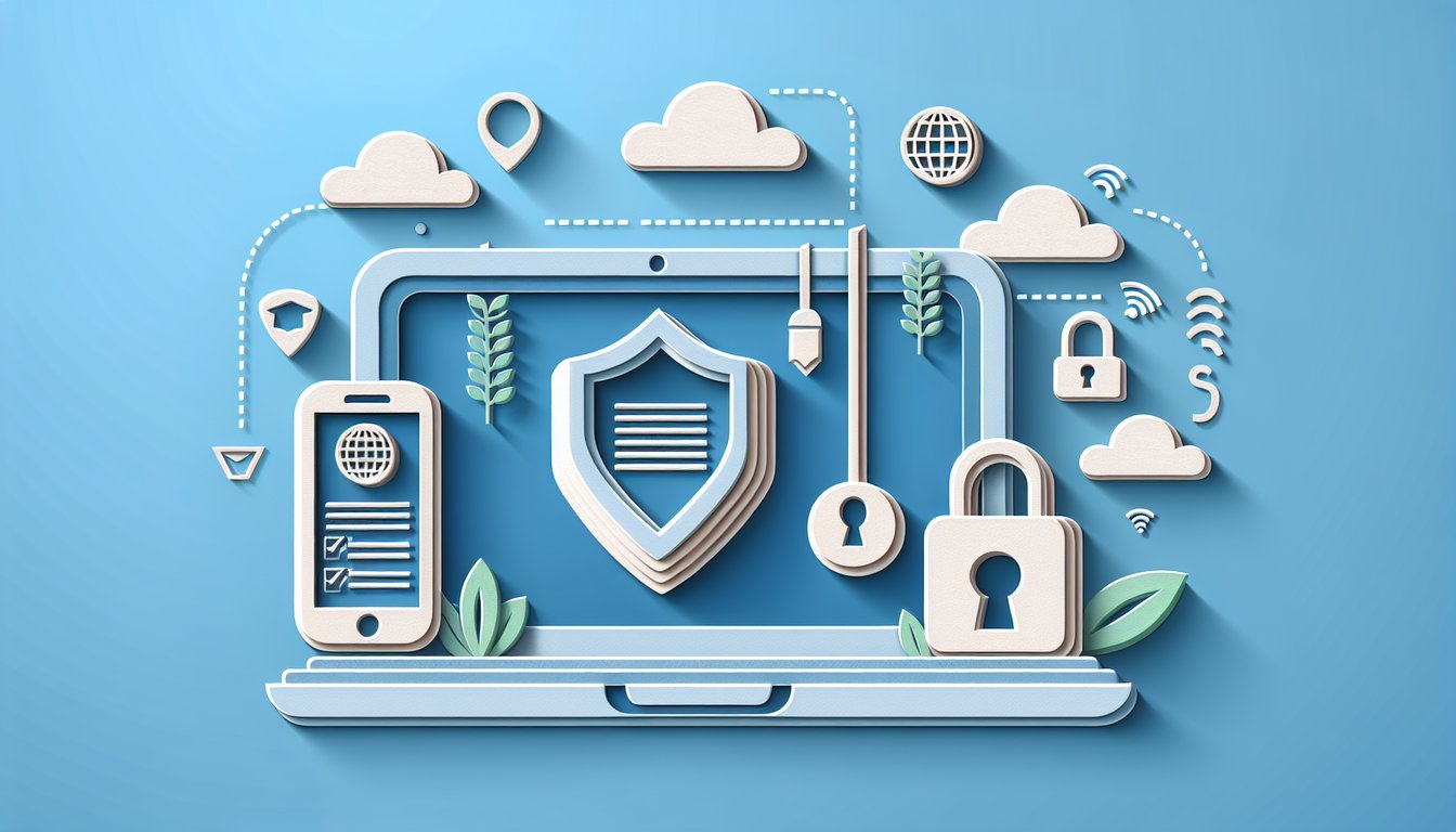 Paper art style quiz graphic showing certificate, padlock, shield, magnifying glass icons on sky blue background