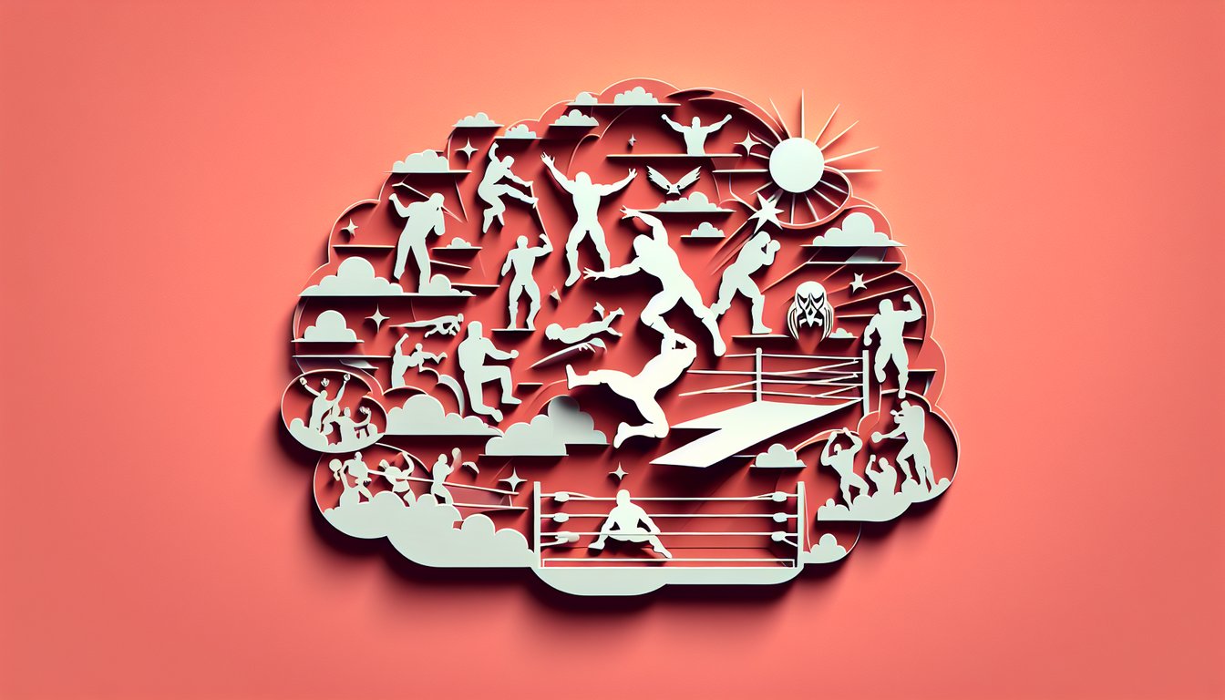 Paper art illustration of Great Khali quiz display with wrestling belt trivia cards on coral background.