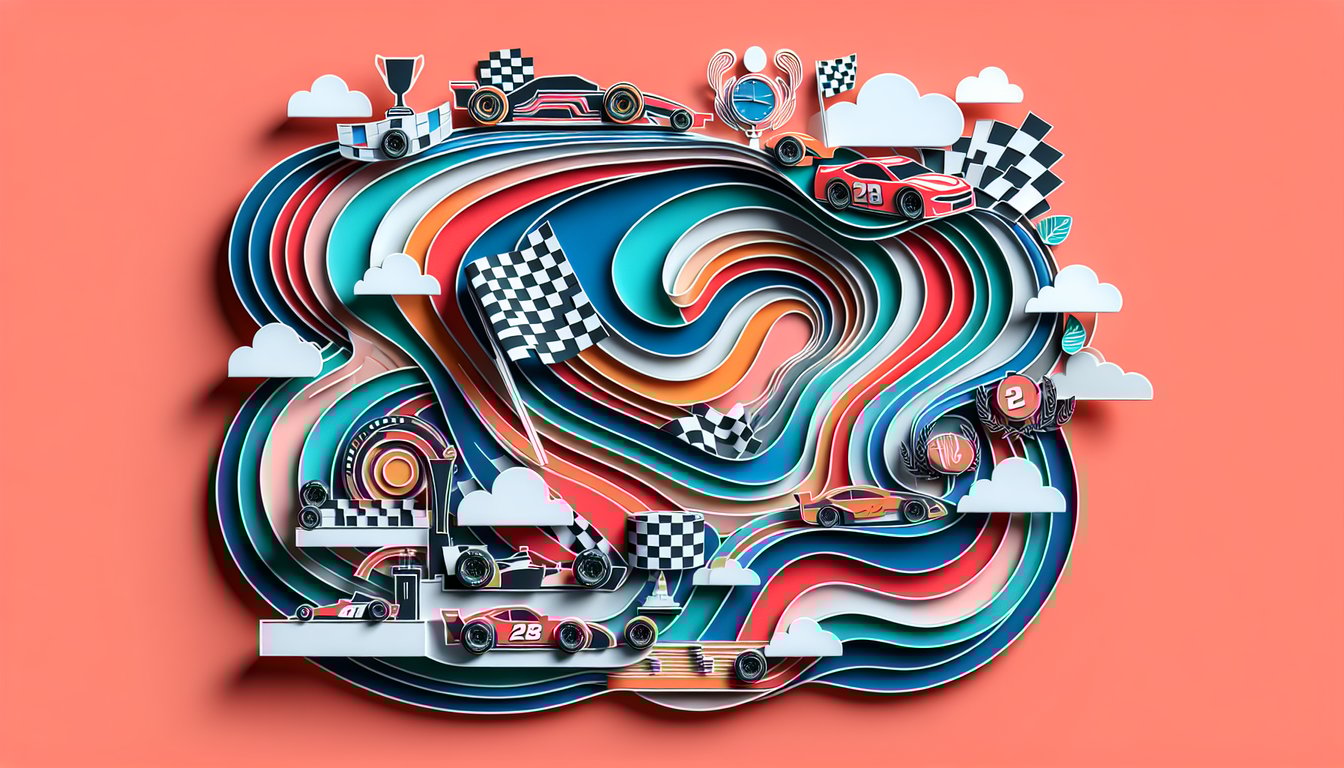 Paper art illustration for NASCAR trivia quiz on a coral background