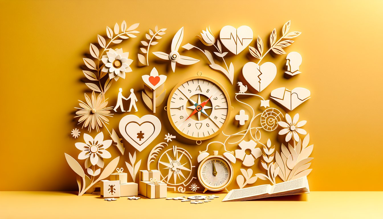 Paper cut style illustration of a smiling Korean boy amid hearts and dating quiz hints on golden backdrop