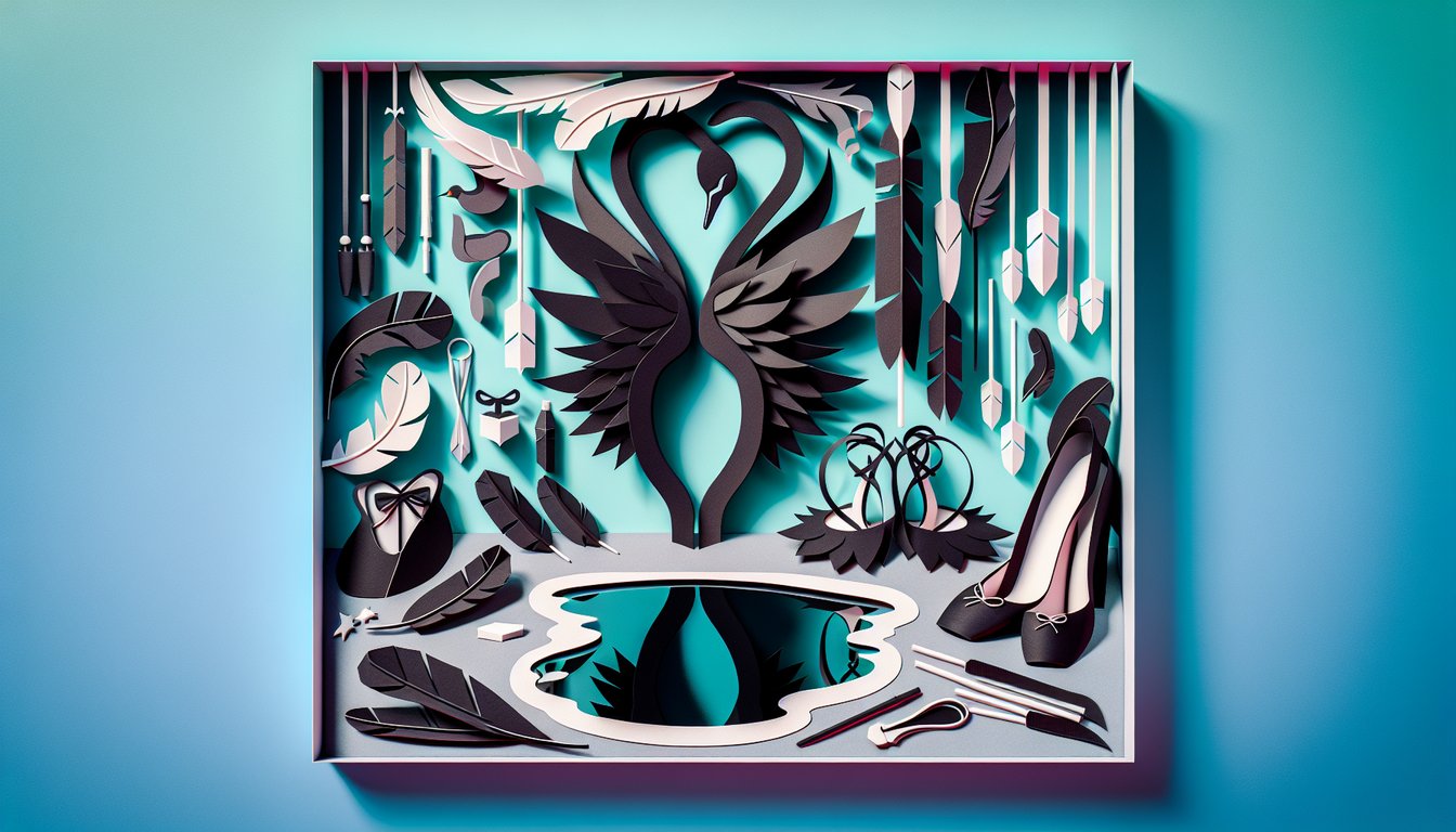 Paper art illustration for Black Swan personality quiz on a teal background
