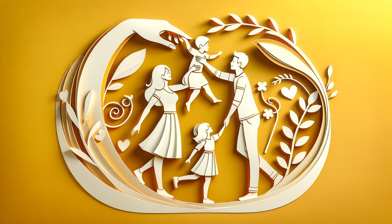 Paper art illustration for parent-child relationship quiz on a golden yellow background