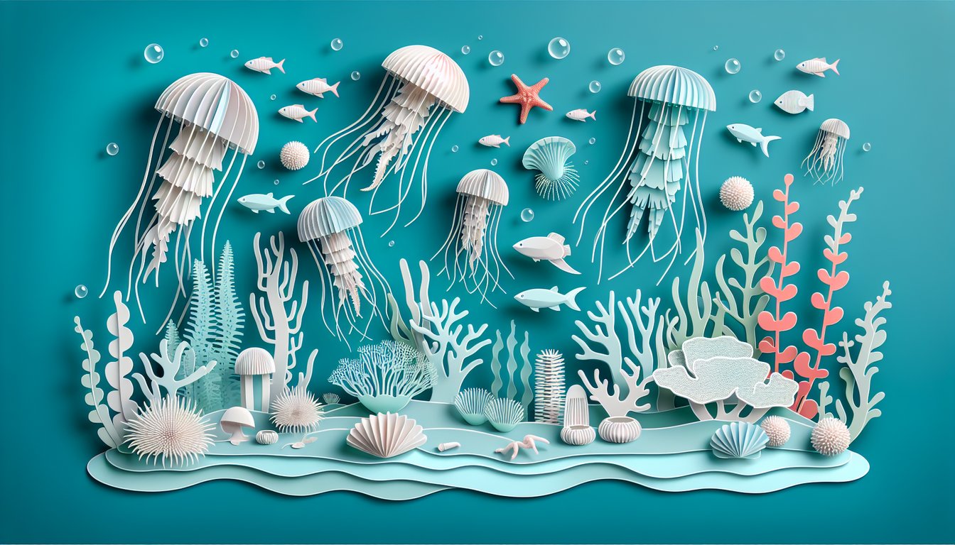 Paper art illustration depicting jellyfish, corals and anemones on teal background promoting free Phylum Cnidaria quiz