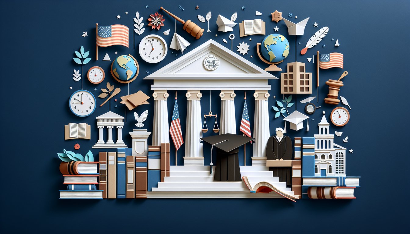 Colorful paper art depicting elements of an educational vocabulary and civics knowledge test quiz