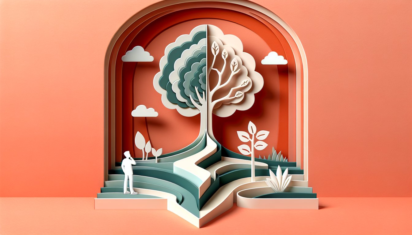 Paper art illustration on coral background with layered cutouts suggesting quiz on growth and fixed mindset.