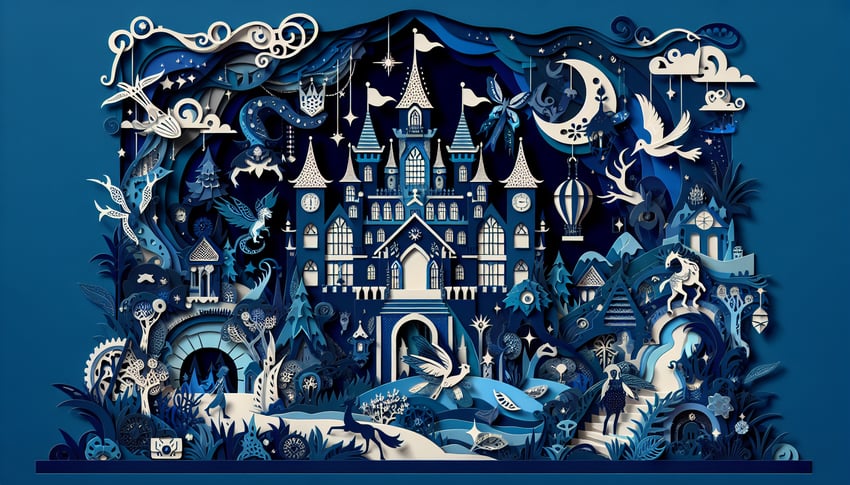 Paper art illustration for Ever After High character personality quiz on a dark blue background