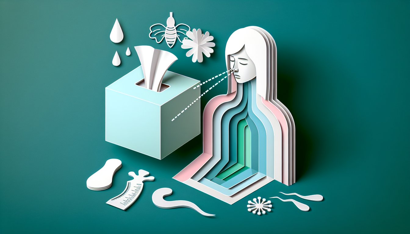 Paper art quiz illustration testing symptoms from sneezing to nasal discharge for allergies or cold on teal background