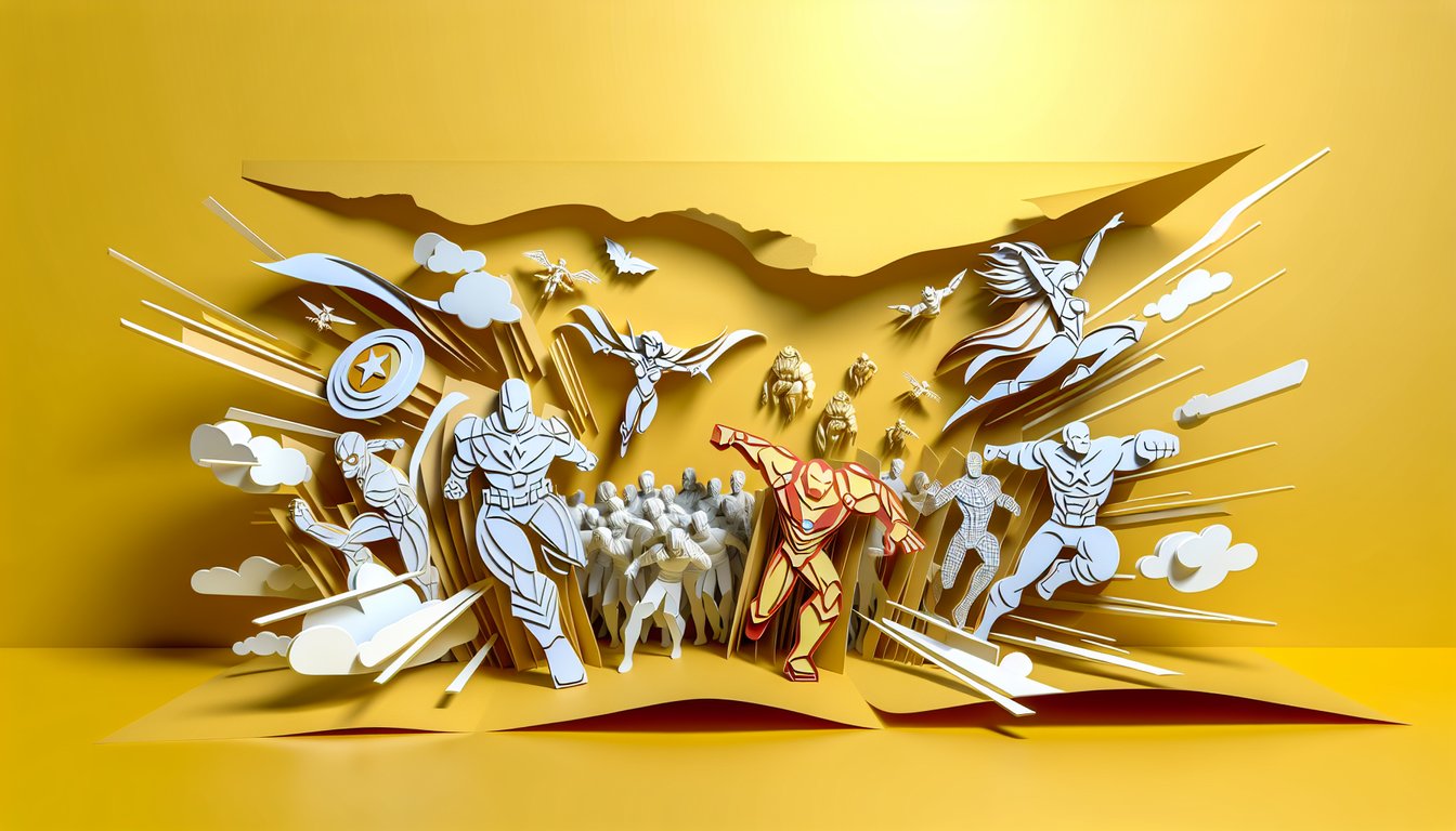Paper art cutouts of Megamind hero sidekick and villain with quiz title on golden yellow background