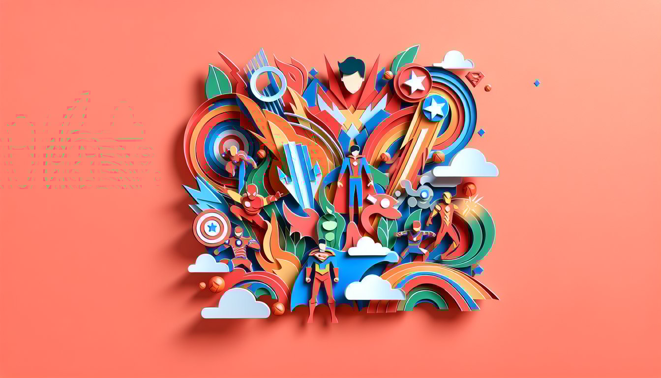 Paper art quiz scene with My Hero Academia hero silhouettes and question marks on coral background