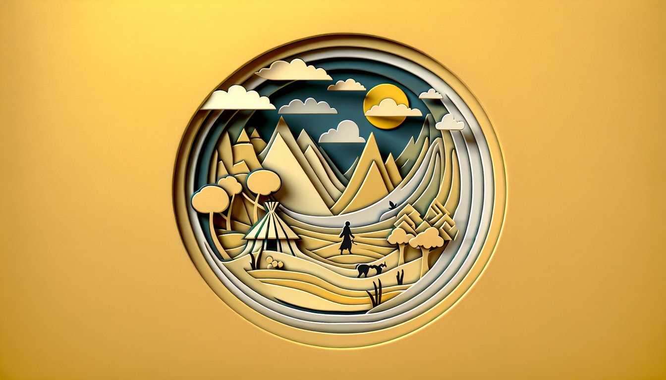 Paper art scene of open book, magnifying glass and gold nuggets on golden yellow background