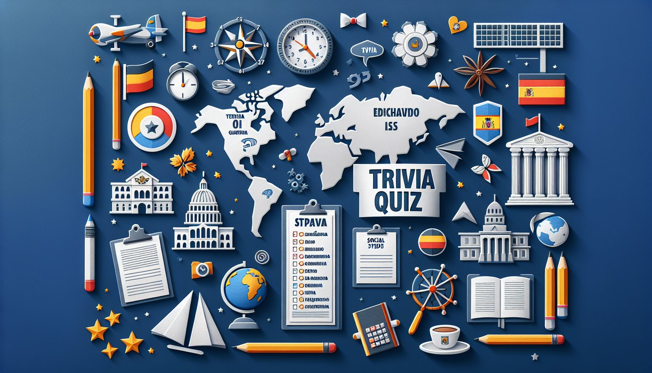 Colorful paper art promoting the 21 Spanish Nations Quiz for high school students.