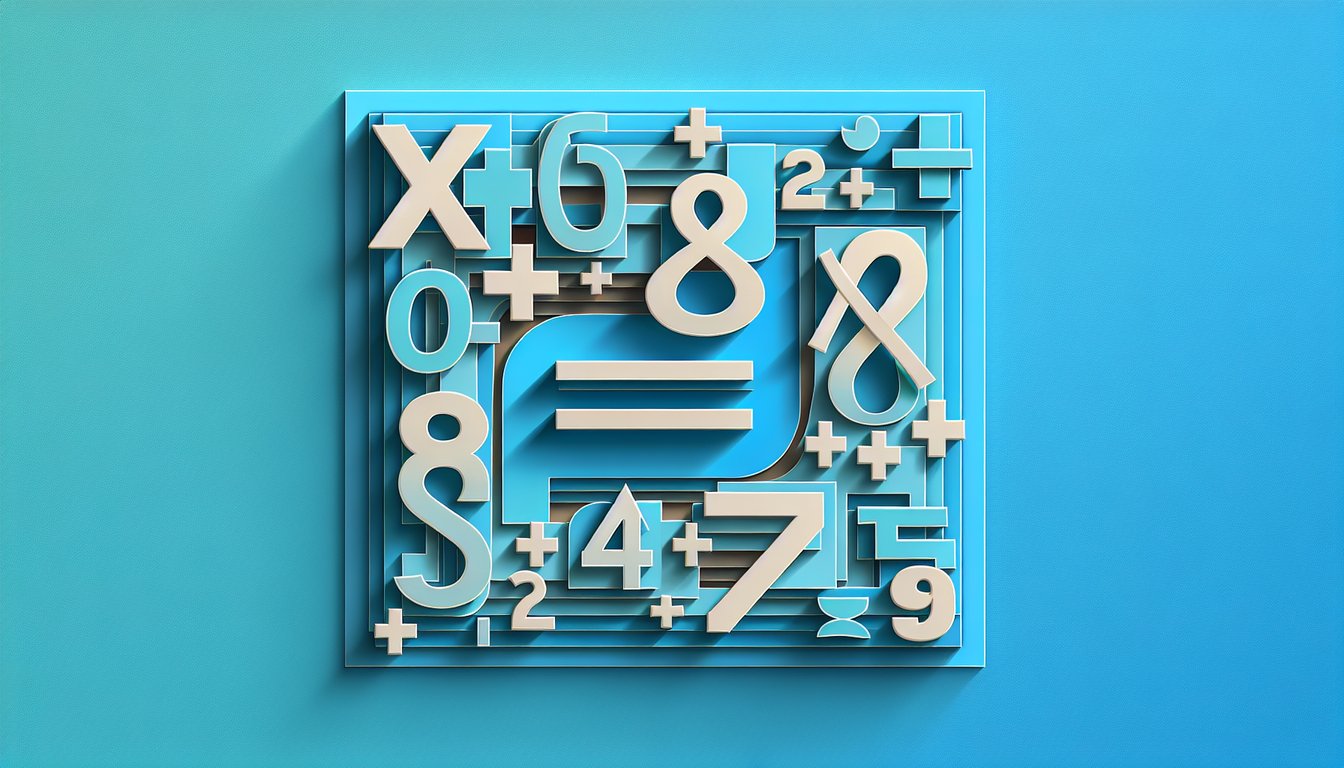 Paper art cutouts of numbers plus minus and equals forming one-step equations on a sky blue background