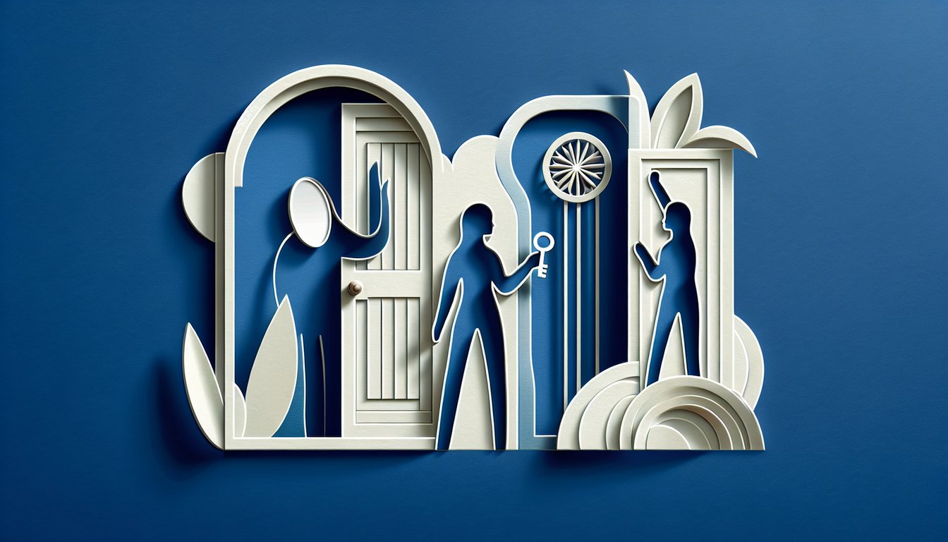 paper art illustration with four puzzle icons on dark blue background promoting free four agreements self awareness quiz