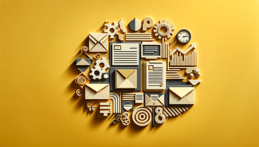 Paper art memo and block letter quiz illustration with envelope pen highlight of Re term on golden yellow background