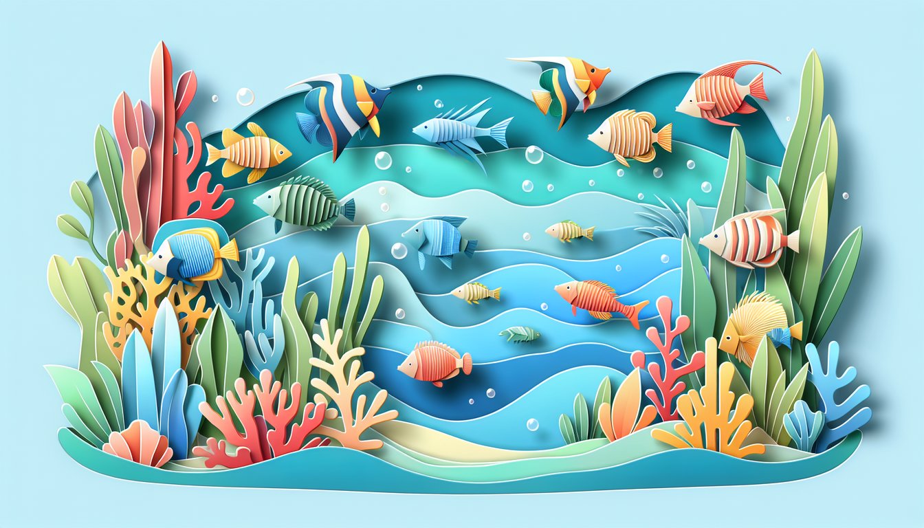 Paper art style shark and fish tail icons on a coral background promoting a free Shark Tails character quiz