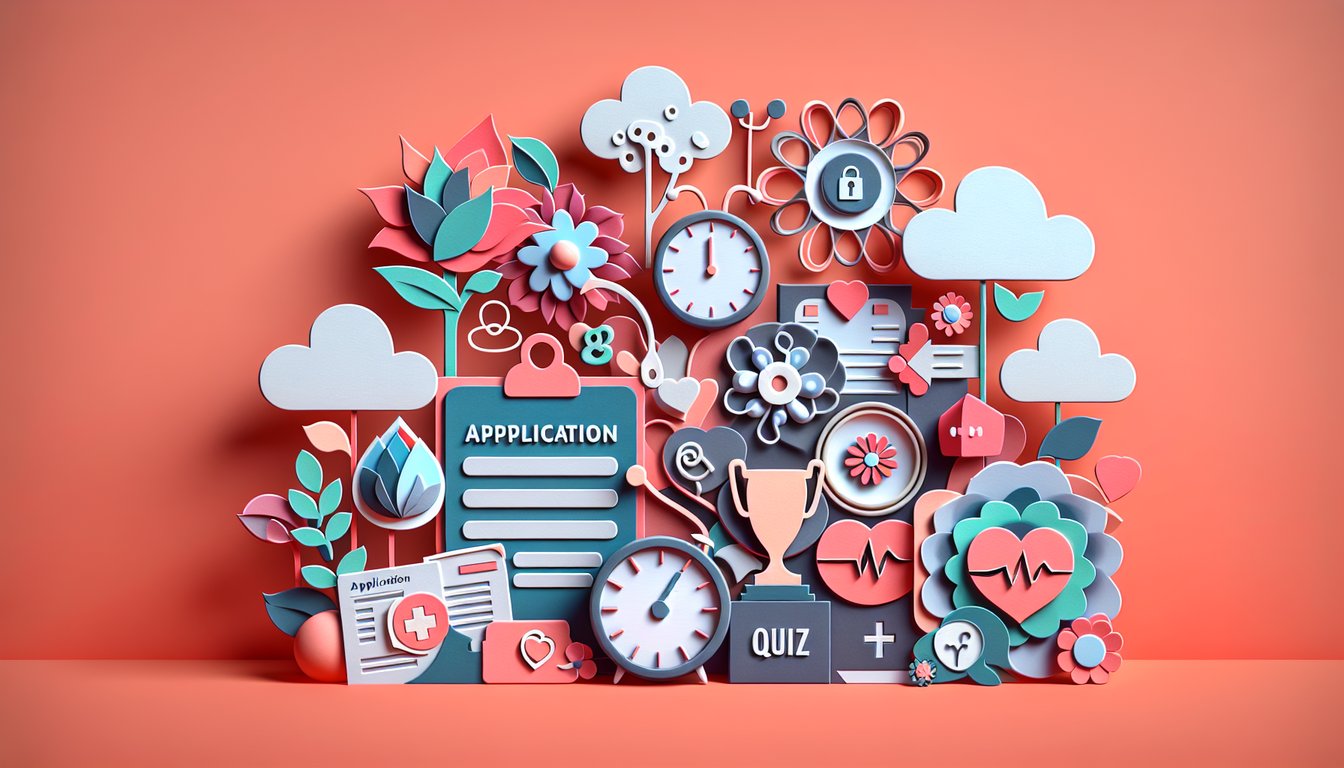 Paper art forms on clipboard on coral background for free quiz on long term care insurance requirements