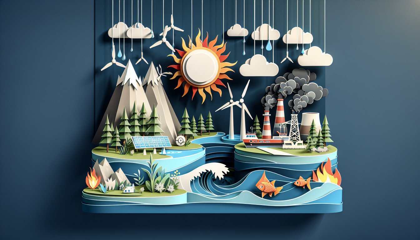 Paper art illustration shows renewable and nonrenewable resources quiz on dark blue background