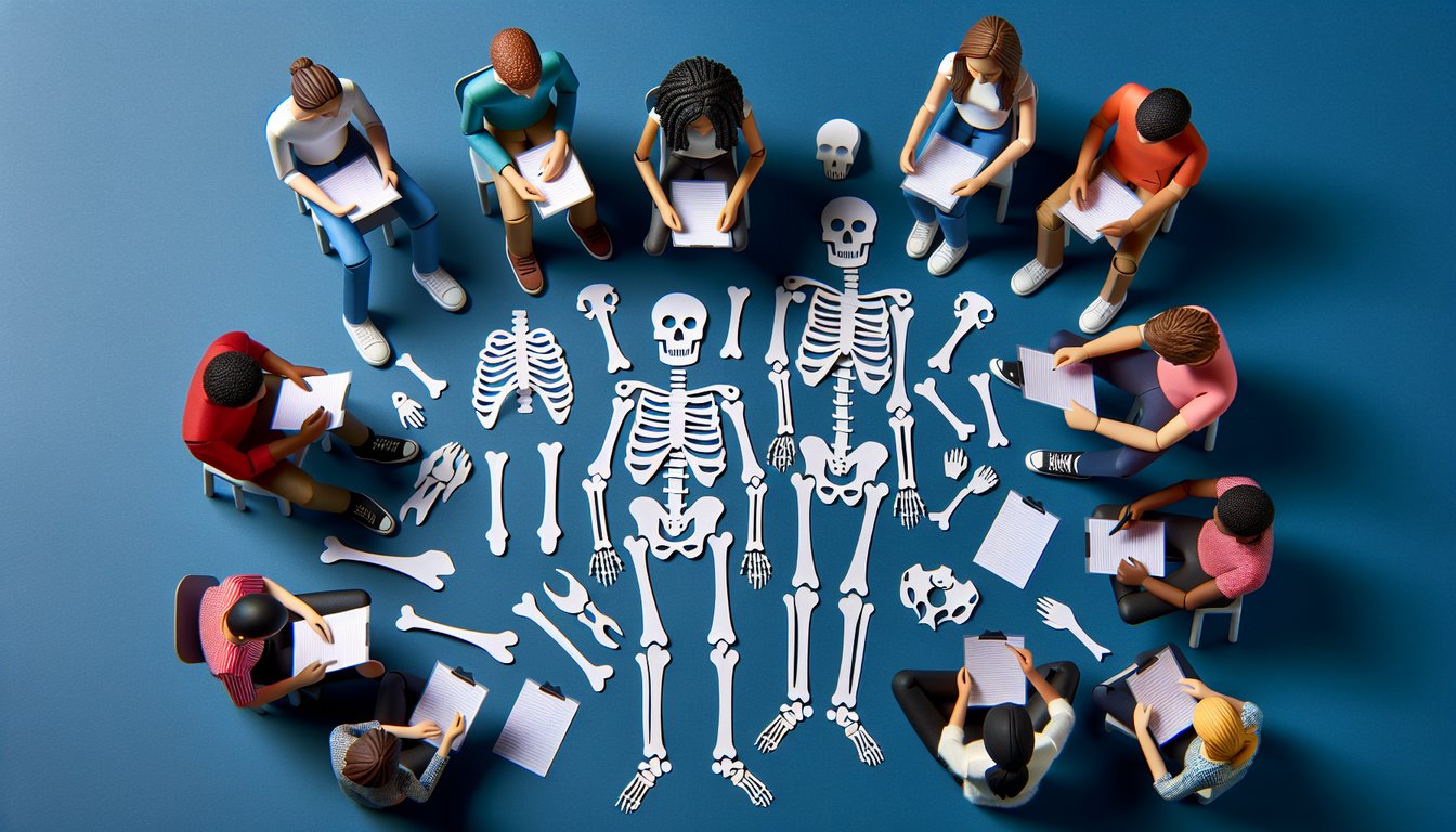 Paper art promoting Bone Labeling Blitz, an anatomy quiz for high school students.