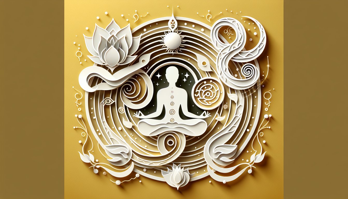Paper art layered palms mandala with spiritual symbols for free spirituality quiz on golden yellow background
