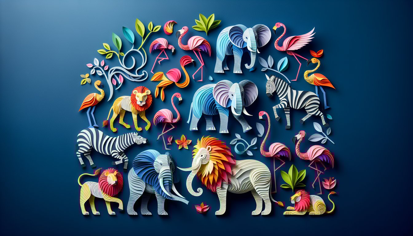 Colorful paper art depicting various zoo animals for a trivia quiz