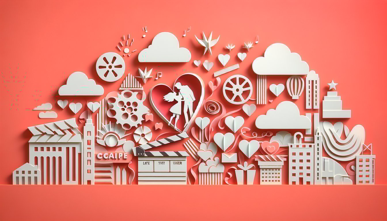 Paper art illustration of romantic comedy quiz scene with film reel hearts timer popcorn on coral background