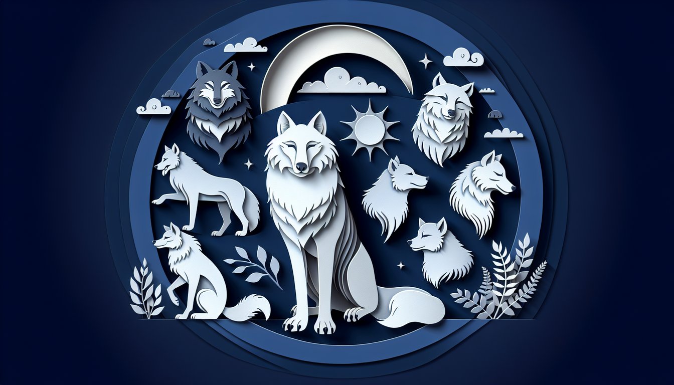 Paper art illustration for Wolf Personality Quiz on a dark blue background