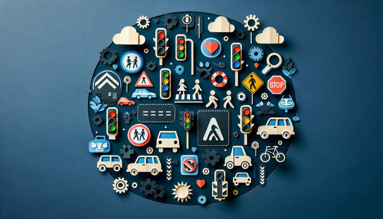 Colorful paper art depicting elements related to a Road Safety Knowledge Quiz.
