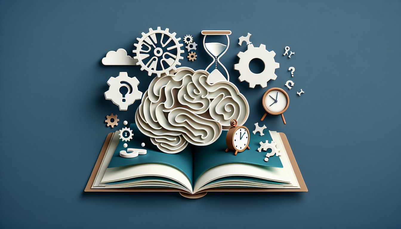 Paper art illustration for psychology trivia quiz on a dark blue background